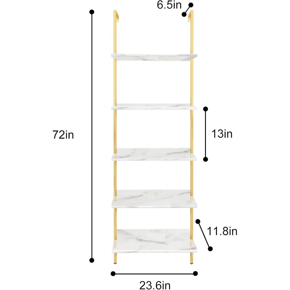 Ladder Shelf White Marble Bookshelf 5-Tier Wall-Mounted Wood Rack Industrial Modern Plant Flower Stand Utility Organizer
