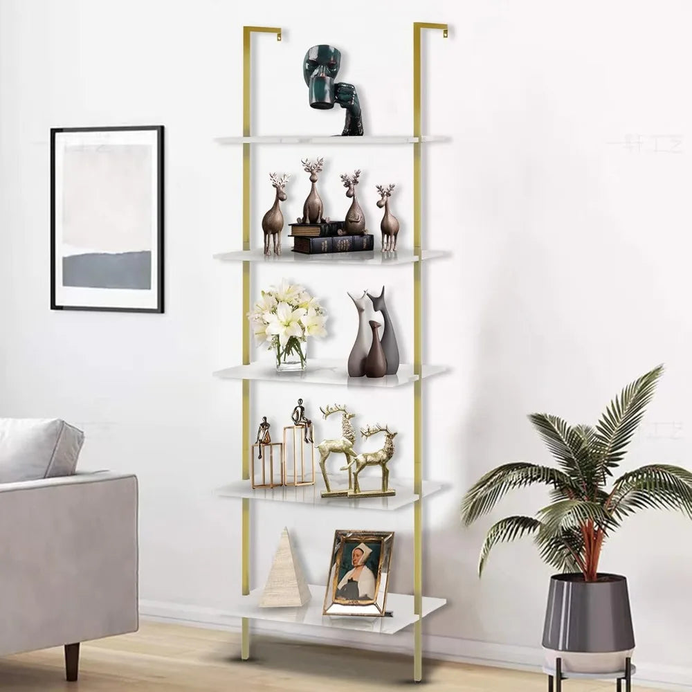 Ladder Shelf White Marble Bookshelf 5-Tier Wall-Mounted Wood Rack Industrial Modern Plant Flower Stand Utility Organizer