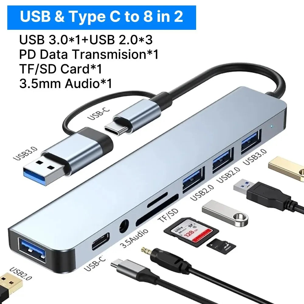 8 in 1 USB C Expander Hub Type-C Splitter Multiport Adapter Dock for Xiaomi Phone Tablet USB 3.0 with 4K DisplayPort
