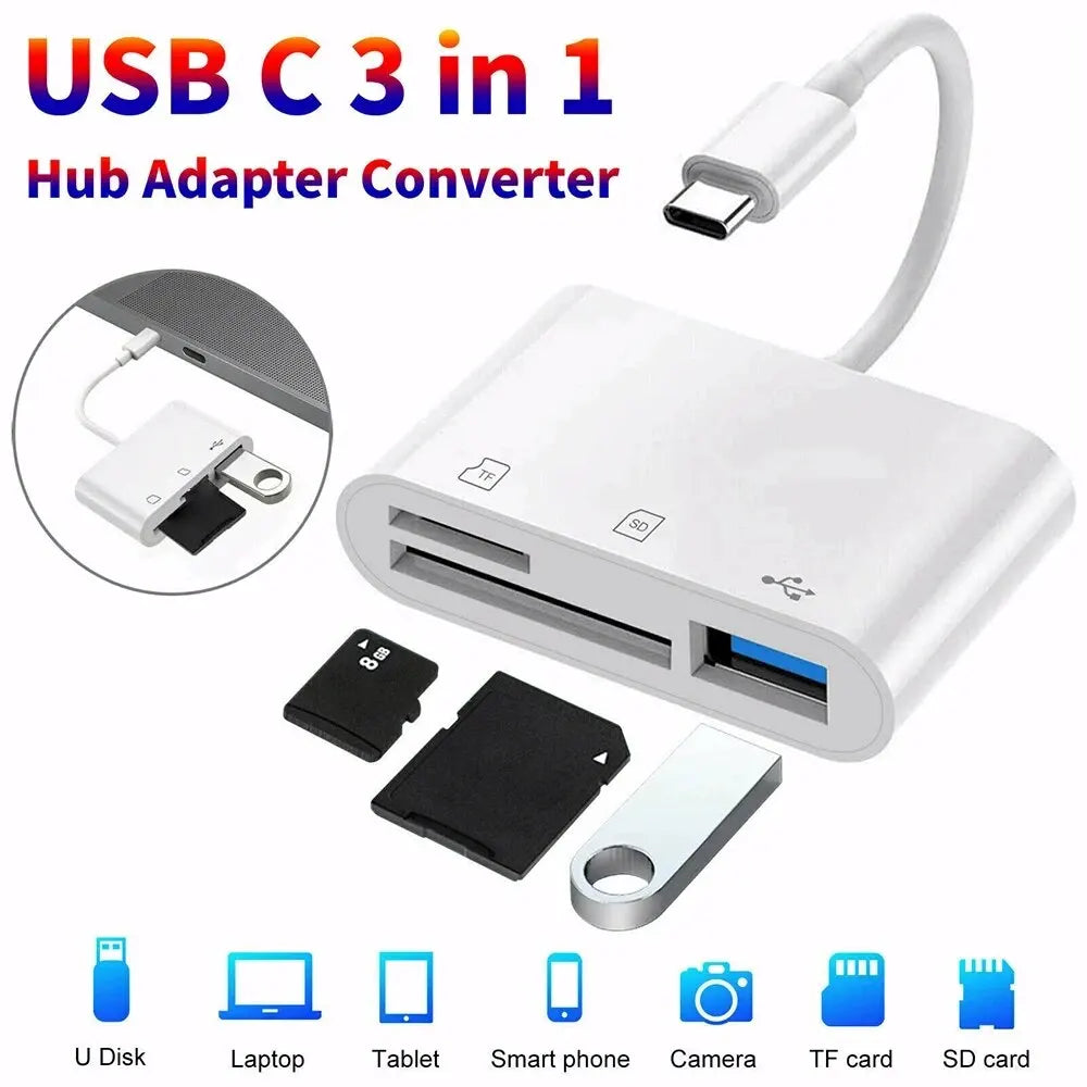 3 In 1 Type C Adapter for TF CF SD Memory Card Reader Compatible with USB C Huawei Macbook Pro and Other Devices