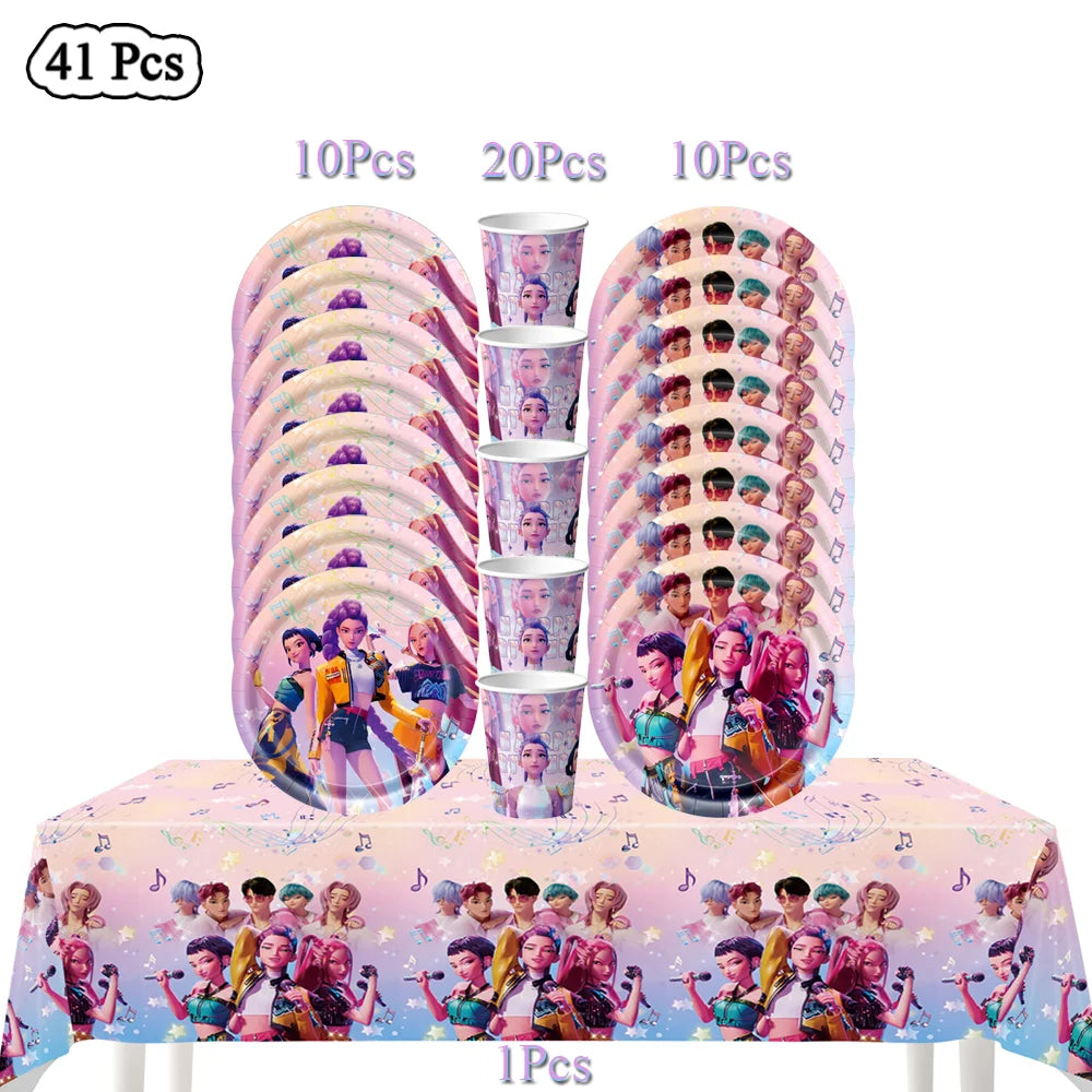 Demon Hunters Birthday Party Decor Tableware Banner Decorations Cake Topper Balloon Girl Kid Korean Kpop Anime Party Supplie Set