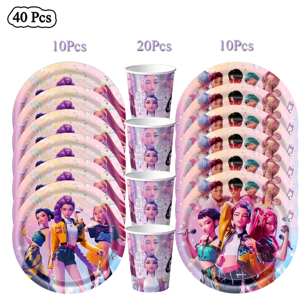 Demon Hunters Birthday Party Decor Tableware Banner Decorations Cake Topper Balloon Girl Kid Korean Kpop Anime Party Supplie Set