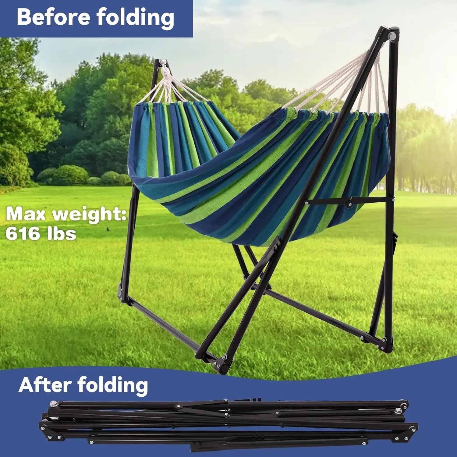 Portable Hammock with Steel Stand, Adjustable Fabric, Carrying Bag, 616 lbs Capacity for Outdoor Garden Yard