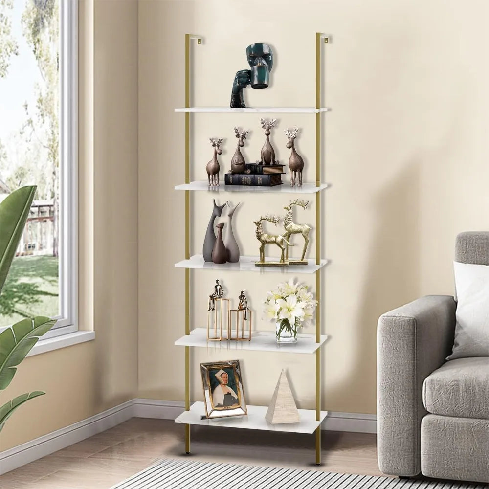Ladder Shelf White Marble Bookshelf 5-Tier Wall-Mounted Wood Rack Industrial Modern Plant Flower Stand Utility Organizer