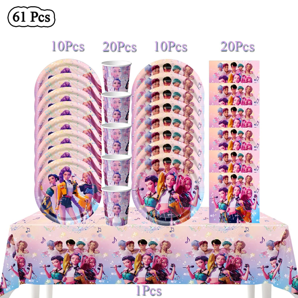 Demon Hunters Birthday Party Decor Tableware Banner Decorations Cake Topper Balloon Girl Kid Korean Kpop Anime Party Supplie Set