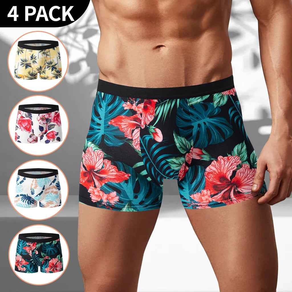 4-piece MEN'S Underwear Comfortable and Fashionable Plus-size Printed Boyshort Maximum 6XL Swimming Trunks for Teenagers.