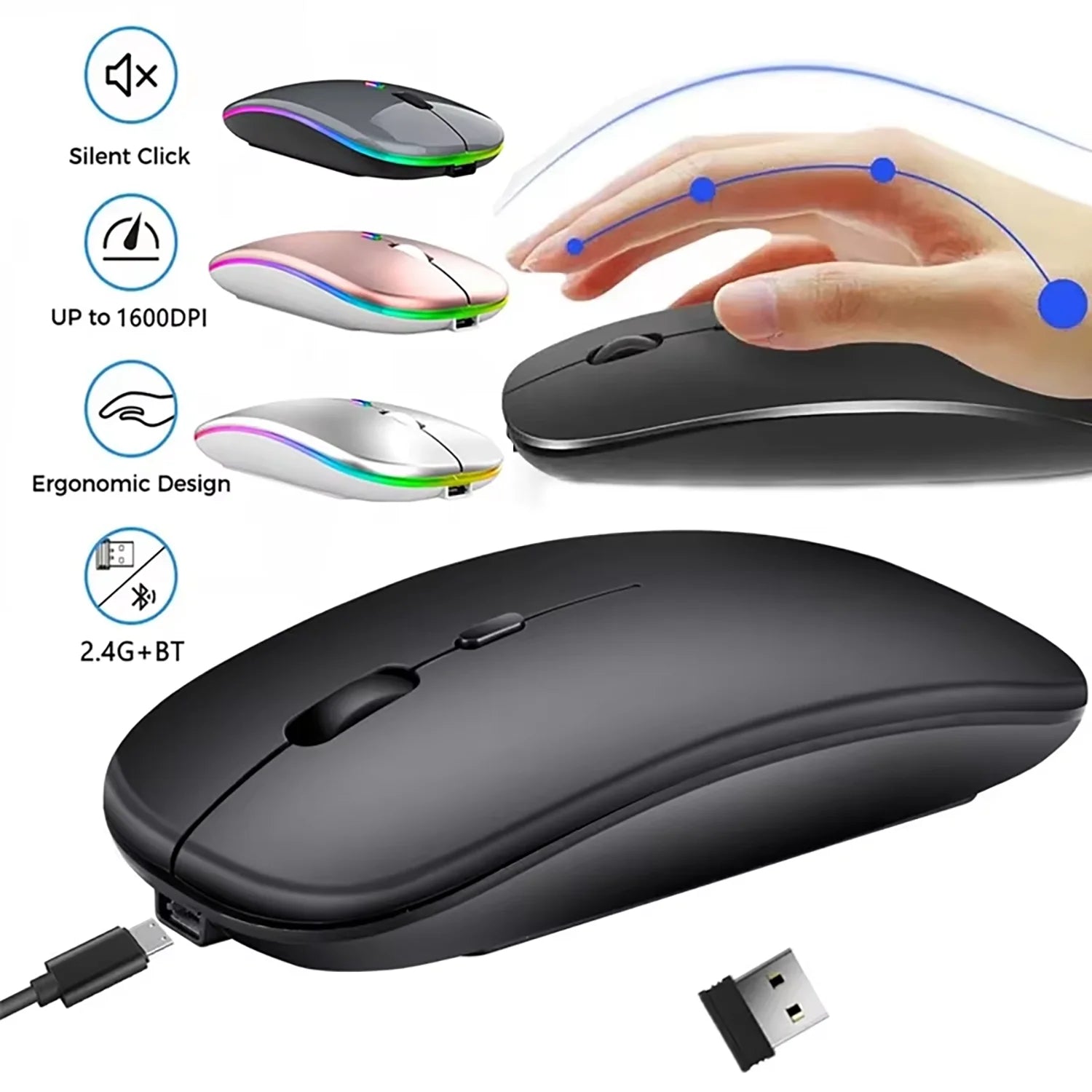 2025New Rechargeable Wireless Mouse Bluetooth-compatible 2.4GHz Dual Modes Computer Mice with Nano Receiver for PC Laptop